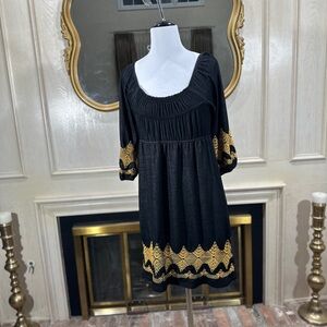Uncle Frank Black Embroider Peasant Dress M Boho Folk Tunic Gold Stitching Scoop